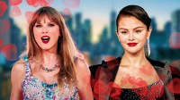 Taylor Swift and Selena Gomez with hearts around them.
