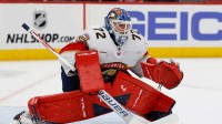 Florida Panthers goaltender Sergei Bobrovsky (72) tends goal in the second period against the Detroit Red Wings at Little Caesars Arena.