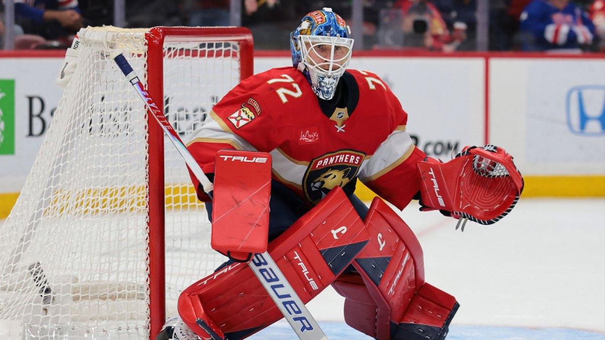Florida Panthers goaltender Sergei Bobrovsky (72) defends his net against the Toronto Maple Leafs during the second period at Amerant Bank Arena.