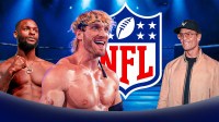 Logan Paul, Le'Veon Bell, Tom Brady, NFL logo, and a boxing ring