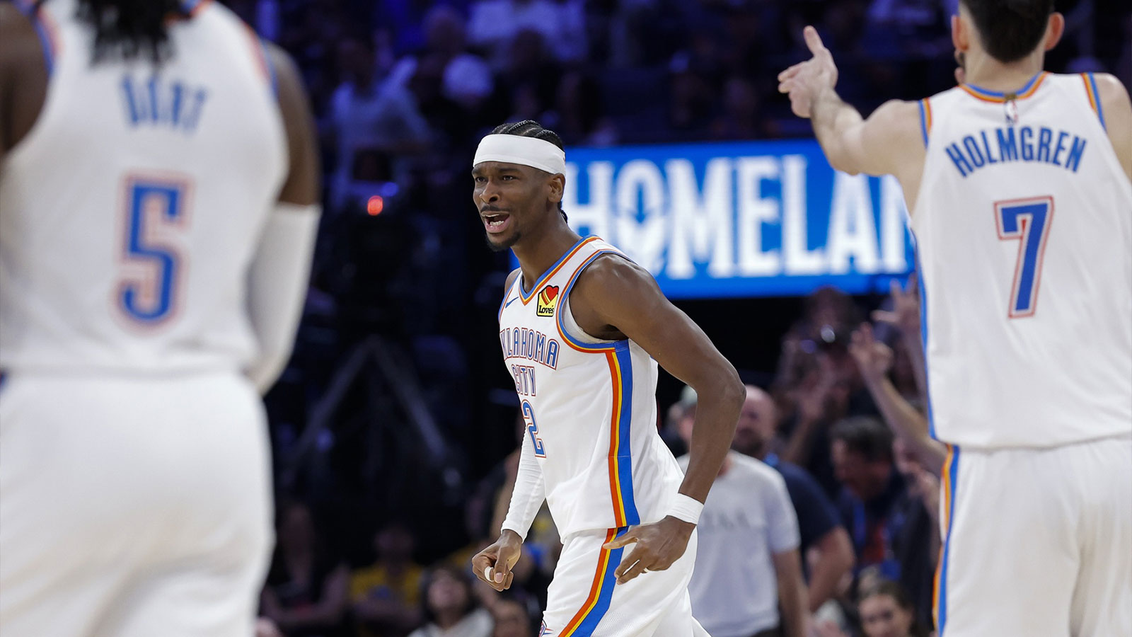Oklahoma City Thunder guard Shai Gilgeous-Alexander (2) celebrates after scoring against the New York Knicks during the second half at Paycom Center.