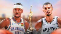Thunder All-Star Shai Gilgeous-Alexander next to the MVP award with Spurs All-Star Victor Wembanyama and the Oklahoma City skyline in the background