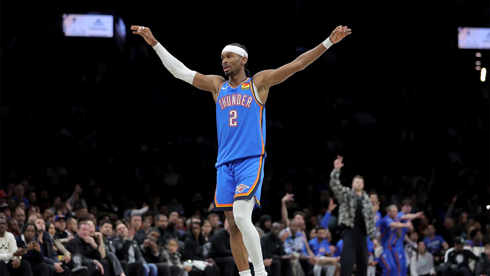 Oklahoma City Thunder guard Shai Gilgeous-Alexander (2) reacts during the first quarter against the Brooklyn Nets at Barclays Center.