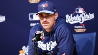 Toronto Blue Jays pitcher Shane Bieber (57) speaks at the postgame press conference after the game against the Los Angeles Dodgers during game four of the 2025 MLB World Series at Dodger Stadium.