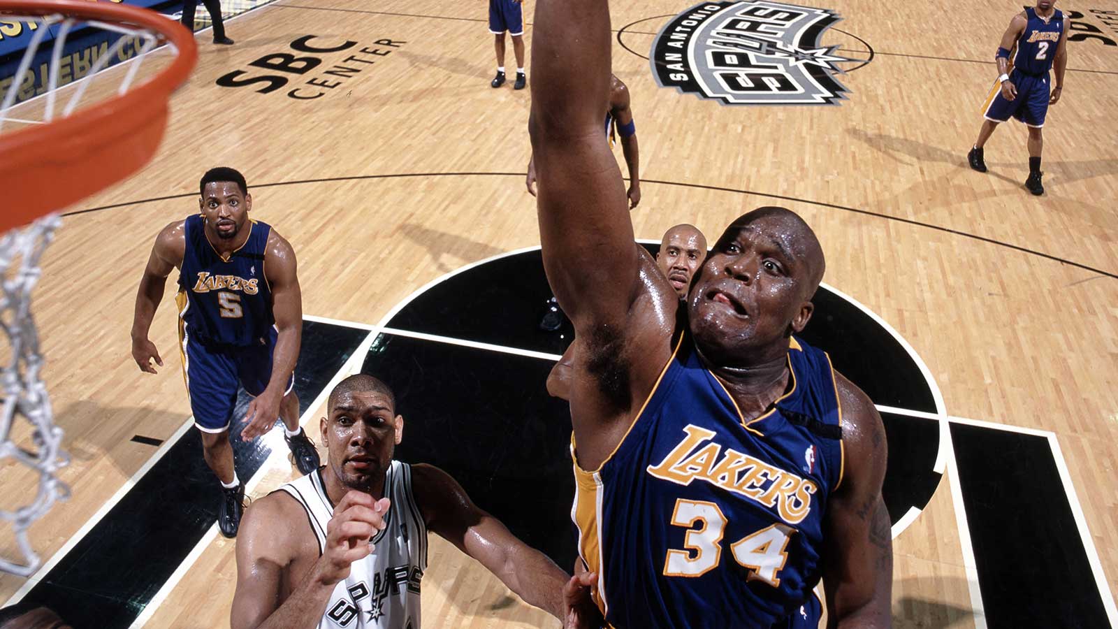FILE PHOTO; Los Angeles Lakers center Shaquille O'Neal (34) dunks the ball against the San Antonio Spurs at the Alamo Dome. 