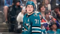 San Jose Sharks center Macklin Celebrini (71) looks on against the New York Islanders during the second period at SAP Center at San Jose.
