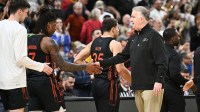 Mar 22, 2026; St. Louis, MO, USA; Purdue Boilermakers head coach Matt Painter shakes hands with Miami Hurricanes forward Shelton Henderson (7) after the game during a second round game of the men's 2026 NCAA Tournament at Enterprise Center. Mandatory Credit: Jeff Le-Imagn Images