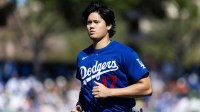 Los Angeles Dodgers designated hitter Shohei Ohtani against the Los Angeles Angels during a spring training game at Tempe Diablo Stadium.