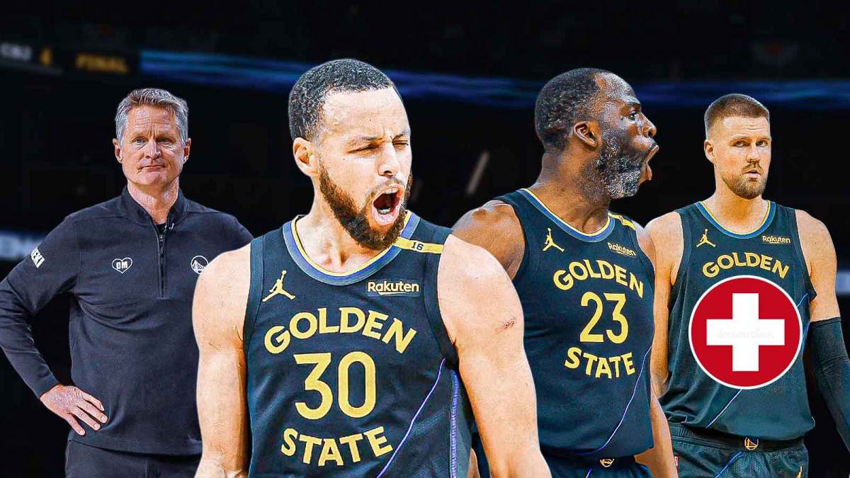 Warriors' Stephen Curry, Steve Kerr, Draymond Green, and Kristaps Poirzingis
