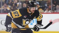 Pittsburgh Penguins center Sidney Crosby (87) prepares to take the opening face-off against the Colorado Avalanche during the first period at PPG Paints Arena.