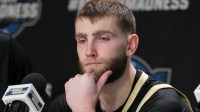 Purdue Boilermakers guard Braden Smith (3) waits for a question from media members following a NCAA Tournament game against the Arizona Wildcats on Saturday, March 28, 2026 at SAP Center in San Jose, Calif. Purdue fell to Arizona 79-64.