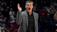 Oklahoma Sooners head coach Porter Moser reacts to a called foul against the Arkansas Razorbacks during the second half at Bridgestone Arena.