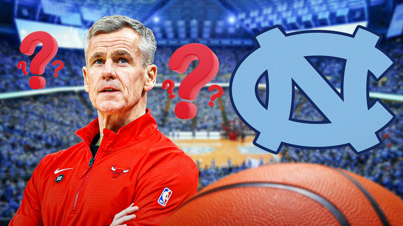 Bulls' Billy Donovan with question marks next to UNC logo