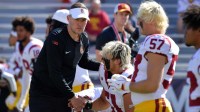 Southern California Trojans head coach Lincoln Riley before an NCAA football game with the Illinois Fighting Illini at Memorial Stadium.