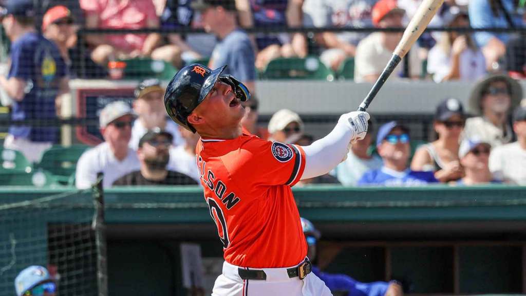 Detroit Tigers first baseman Spencer Torkelson (20) watches a fly ball during the second inning against the Toronto Blue Jays at Publix Field at Joker Marchant Stadium.