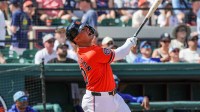Detroit Tigers first baseman Spencer Torkelson (20) watches a fly ball during the second inning against the Toronto Blue Jays at Publix Field at Joker Marchant Stadium.