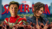 Tom Holland as Peter Parker and Zendaya as MJ with Spider-Man: Brand New Day logo and New York City skyline background.