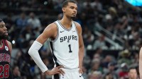 Spurs forward Victor Wembanyama (1) looks over in the second half against the Chicago Bulls at Frost Bank Center