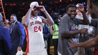 St. John's Red Storm forward Zuby Ejiofor (24) following the men's Big East Conference Tournament Championship against the Connecticut Huskies at Madison Square Garden.