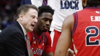 St. John's Red Storm head coach Rick Pitino reacts in the first half during a Sweet Sixteen game of the East Regional of the men's 2026 NCAA Tournament at Capital One Arena.