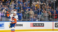 Former St. Louis Blues and current New York Islanders center Brayden Schenn (10) salutes the fans as he receives a standing ovation during the first period at Enterprise Center.