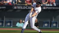 Cleveland Guardians outfielder Chase DeLauter (34) singles for his first big league hit in the second inning against the Detroit Tigers during game three of the Wildcard round for the 2025 MLB playoffs at Progressive Field.