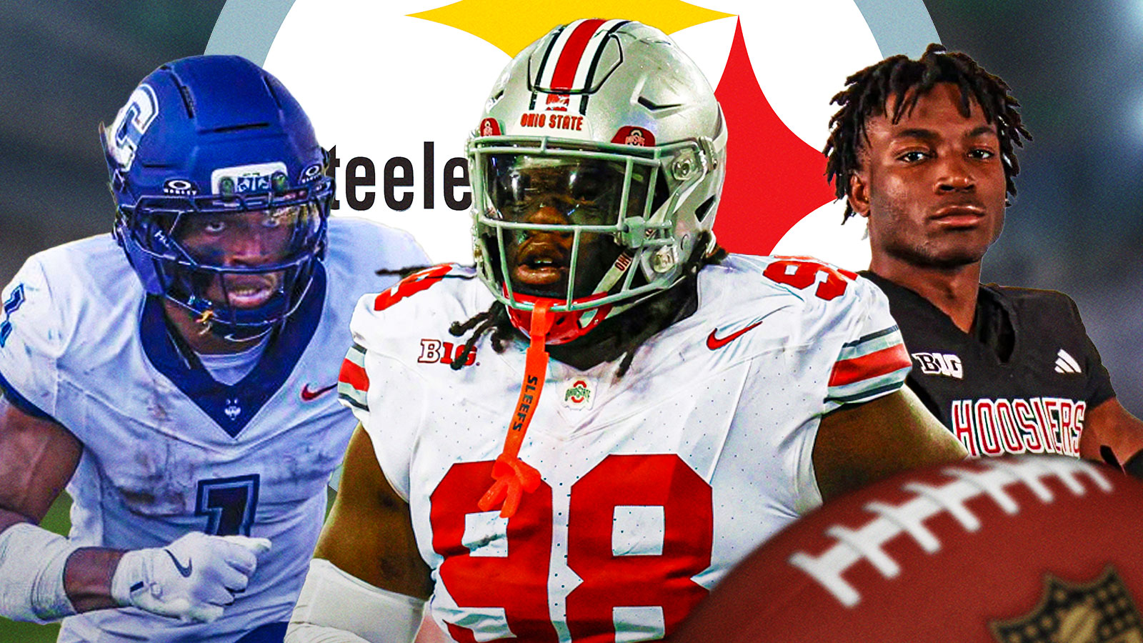 Kayden McDonald, D'Angelo Ponds, Skyler Bell all beside each other, Pittsburgh Steelers wallpaper in the background