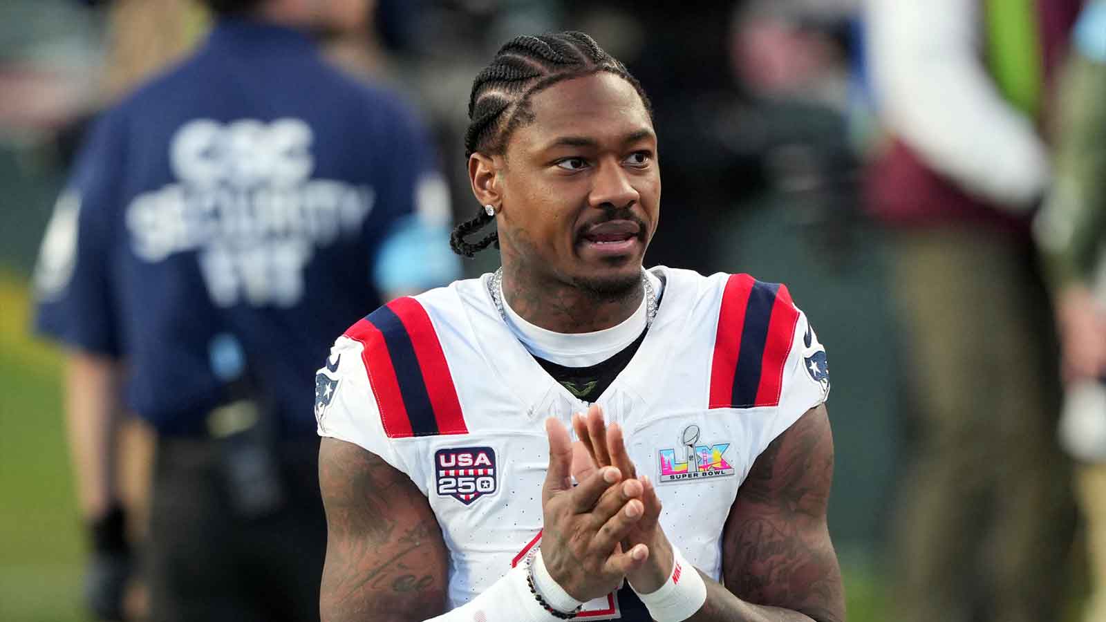 New England Patriots wide receiver Stefon Diggs (8) during halftime against the Seattle Seahawks in Super Bowl LX at Levi's Stadium. 