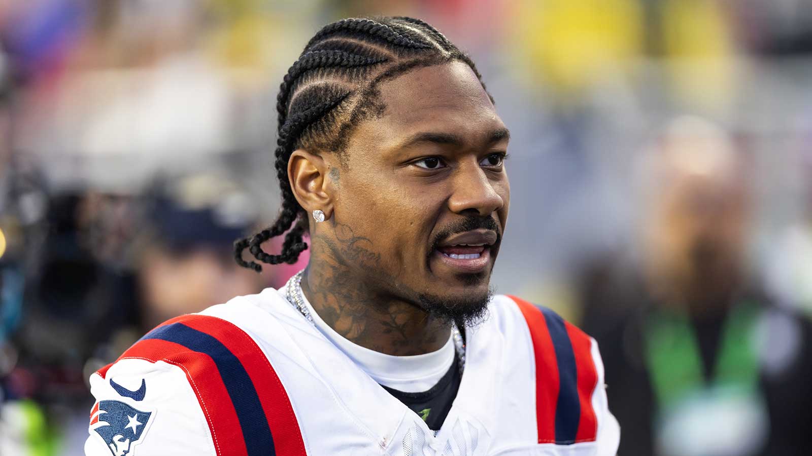 New England Patriots wide receiver Stefon Diggs (8) against the Seattle Seahawks during Super Bowl LX at Levi's Stadium.