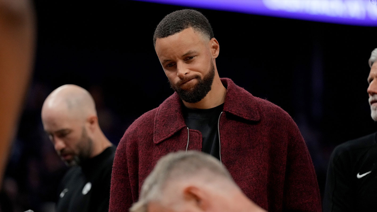 Golden State Warriors guard Stephen Curry (30) stands near the team bench during a timeout against the Minnesota Timberwolves in the third quarter at the Chase Center. 