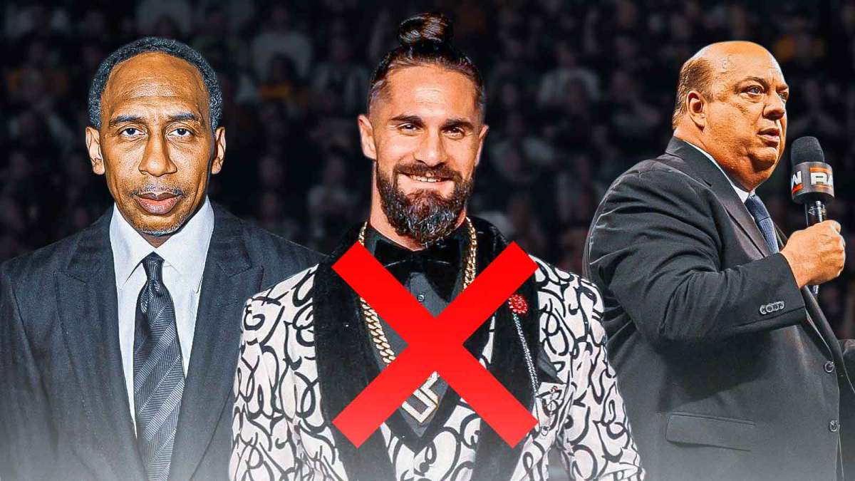 First Take host Stephen A. Smith, WWE Superstar Seth Rollins (crossed out), and Paul Heyman.