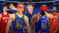Brandin Podziemski and Draymond Green with fire coming off of them and glowing eyes next to Steve Kerr as Kevin Durant and Alperen Sengun look sad while watching them