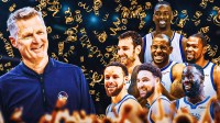 Steve Kerr smiling as Steph, Klay, Draymond, KD, Andre Iguodala, Andrew Bogut, and Harrison Barnes smile and clap for him as confetti rains down