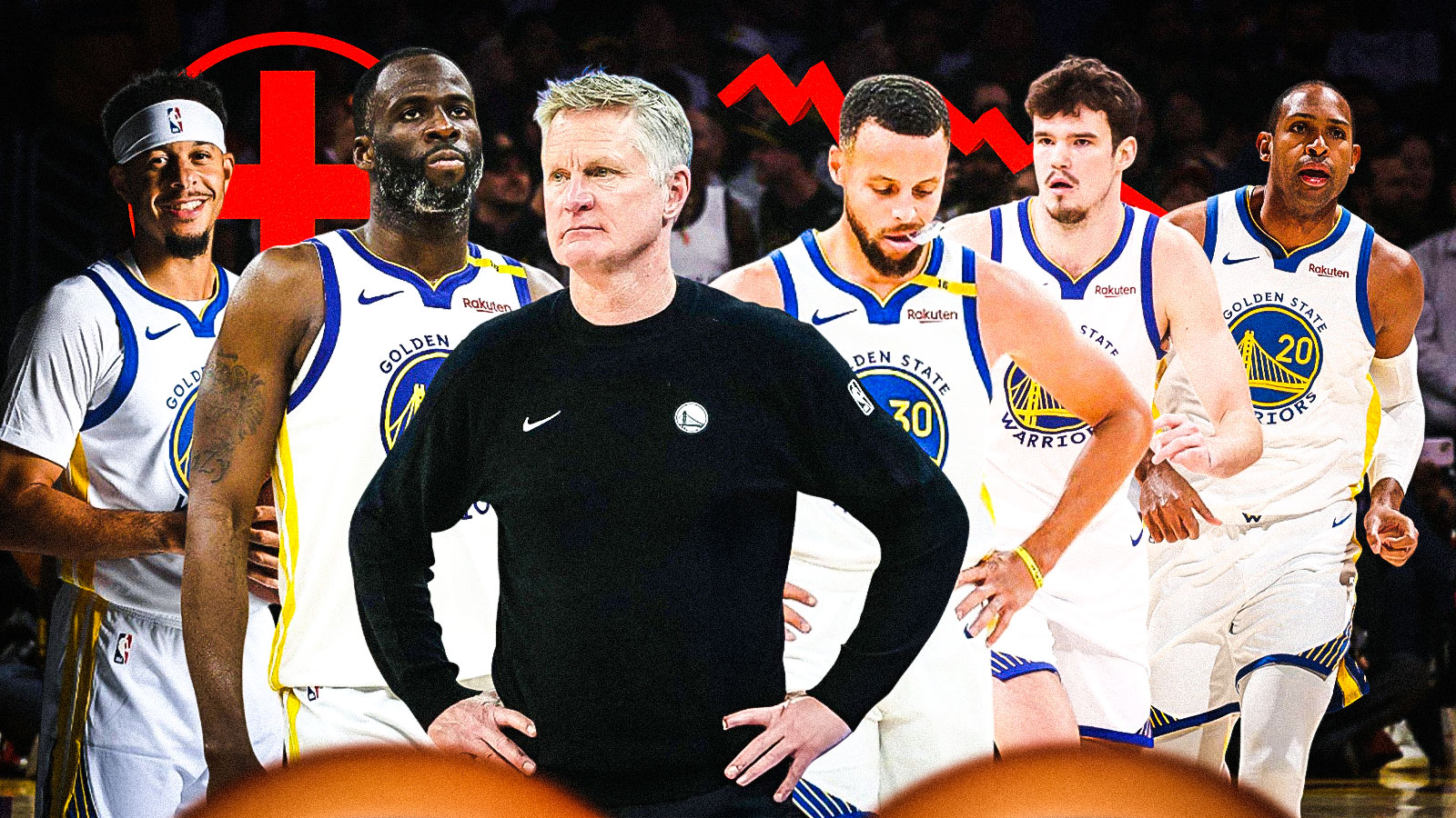 Steve Kerr looking sad as Seth Curry, Quinten Post, Al Horford, Draymond Green, and Steph Curry also look sad around them with a big red health sign emoji and a big stocks down emoji next to them