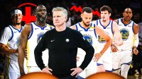 Steve Kerr looking sad as Seth Curry, Quinten Post, Al Horford, Draymond Green, and Steph Curry also look sad around them with a big red health sign emoji and a big stocks down emoji next to them