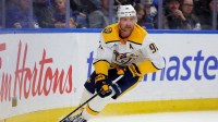 Nashville Predators center Steven Stamkos (91) skates with the puck during the third period against the Buffalo Sabres at KeyBank Center.