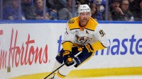 Nashville Predators center Steven Stamkos (91) skates with the puck during the third period against the Buffalo Sabres at KeyBank Center.