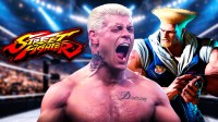 WWE Superstar Cody Rhodes next to Guile, who he will play in the upcoming Street Fighter movie, and game's logo.