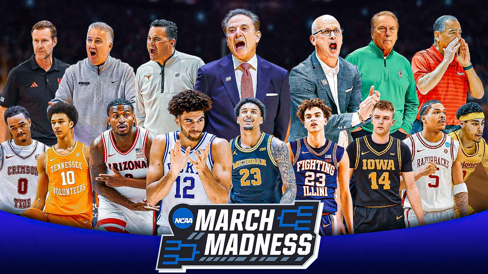 Collage of the following players/coaches: Duke F Cameron Boozer, Arizona G Jaden Bradley, Michigan F Yaxel Lendeborg, UConn HC Dan Hurley, Iowa State G Tamin Lipsey, Purdue HC Matt Painter, Houston HC Kelvin Sampson, Illinois G Keaton Wagler, Arkansas G Darius Acuff Jr., St. John's HC Rick Pitino, Alabama G Labaron Philon, Michigan State HC Tom Izzo, Tennessee F Nate Ament, Iowa G Bennett Stirtz, Texas HC Sean Miller, Nebraska HC Fred Hoiberg March Madness logo in front