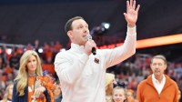 Mar 4, 2023; Syracuse, New York, USA; Syracuse Orange former player Gerry McNamara speaks to the crowd during a ceremony to retire his number at JMA Wireless Dome. Mandatory Credit: Mark Konezny-Imagn Images