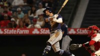 Tampa Bay Rays shortstop Taylor Walls (6) hits a double during the seventh inning against the Los Angeles Angels at Angel Stadium.
