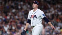 United States pitcher Tarik Skubal (27) reacts after pitching against Great Britain during the third inning at Daikin Park