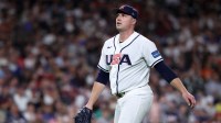 United States pitcher Tarik Skubal (27) reacts after pitching against Great Britain during the third inning at Daikin Park