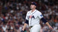 United States pitcher Tarik Skubal (27) reacts after pitching against Great Britain during the third inning at Daikin Park.