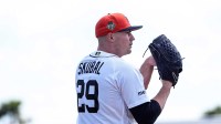 Detroit Tigers pitcher Tarik Skubal throws at live batting practice during spring training at TigerTown in Lakeland, Fla.