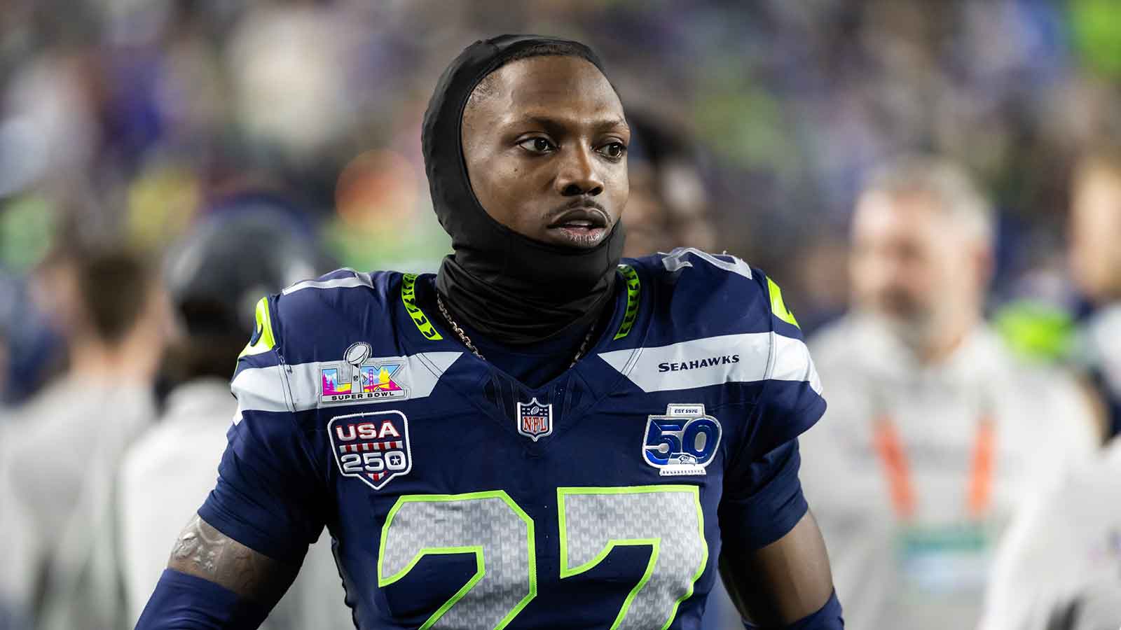 Seattle Seahawks cornerback Riq Woolen (27) against the New England Patriots during Super Bowl LX at Levi's Stadium. 