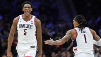 UConn Huskies forward Tarris Reed Jr. (5) reacts in the first half during a first round game of the men's 2026 NCAA Tournament at Xfinity Mobile Arena.