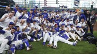 Italy players and coaches celebrate after the game against Puerto Rico during a quarterfinal game of the 2026 World Baseball Classic at Daikin Park.