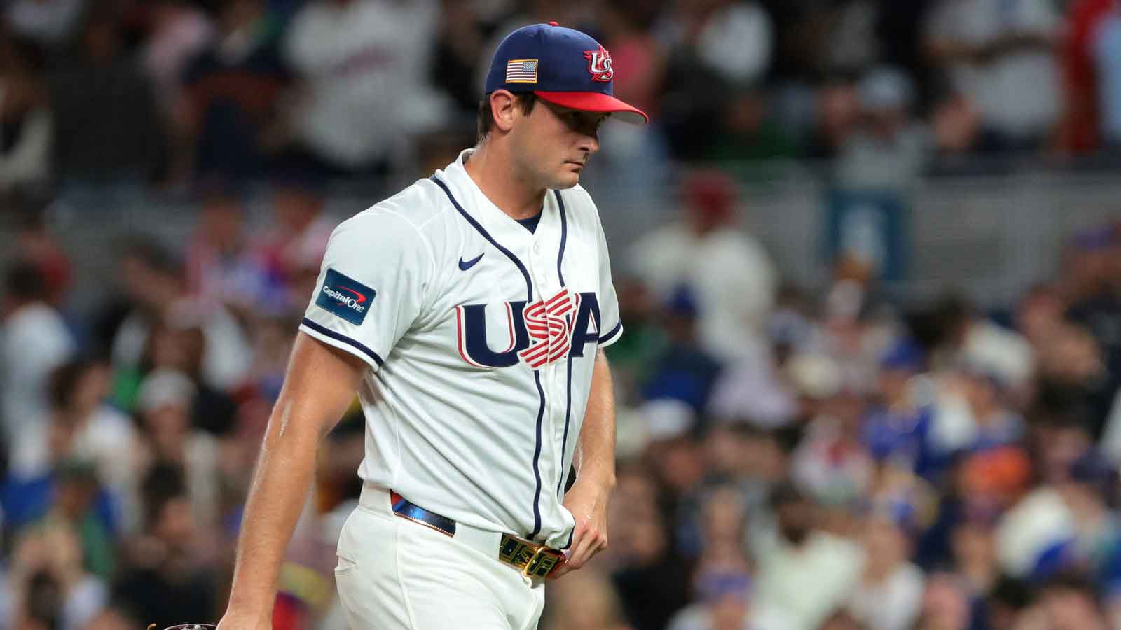 United States pitcher Garrett Whitlock (59) walks to the dug out in the ninth inning during the 2026 World Baseball Classic Championship game at loanDepot Park.