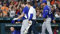 Italy catcher Kyle Teel (3) leaves the game after he injured himself after sliding into second base against the United States in the sixth inning at Daikin Park.